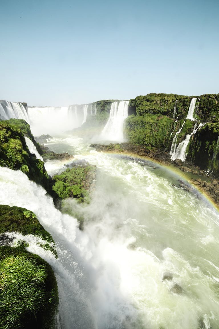Scenic view of Iguazu Falls cascading with vibrant rainbow and lush greenery.