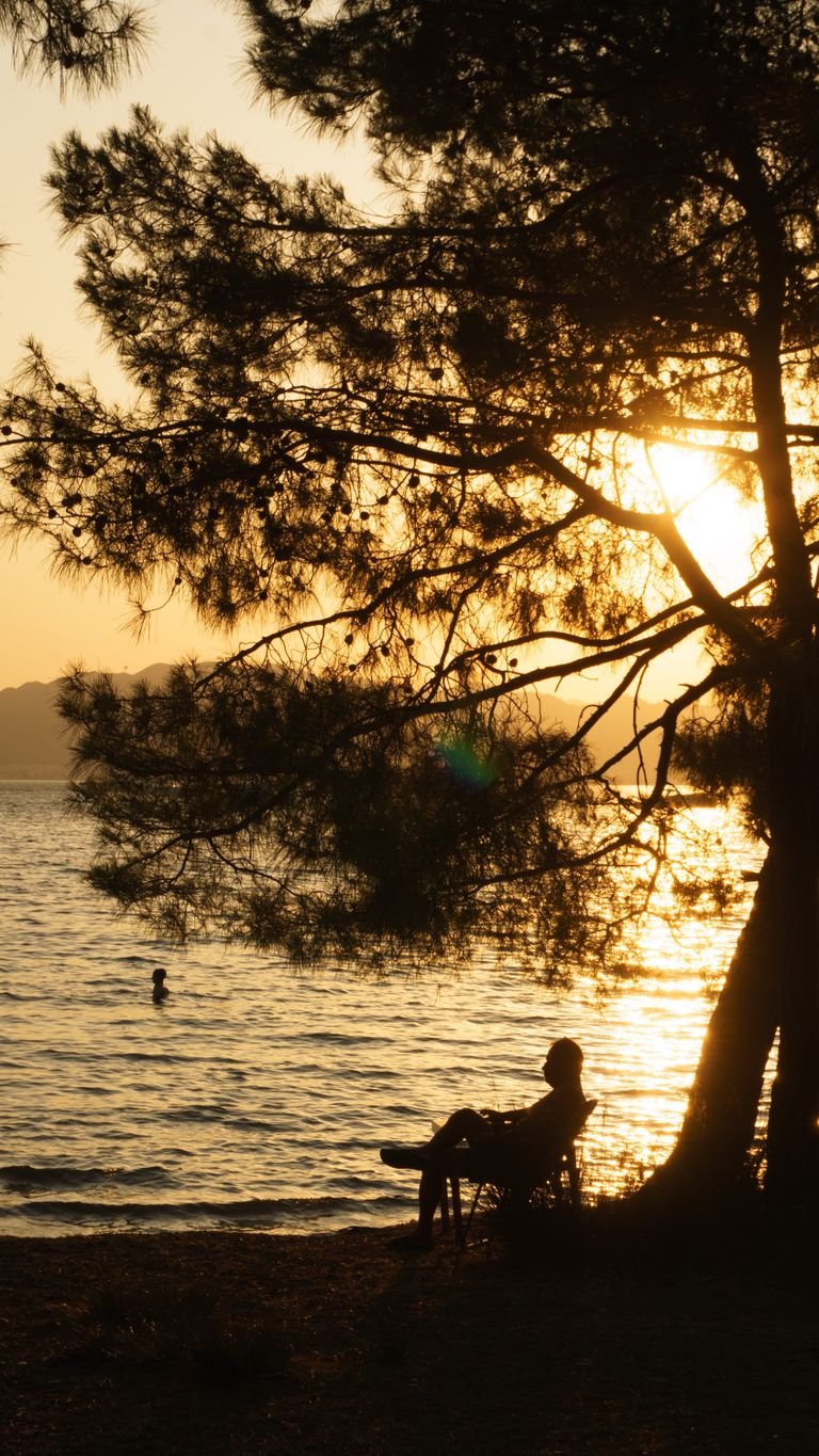 A tranquil lakeside scene depicting a silhouette of a person relaxing by the shore during sunset.